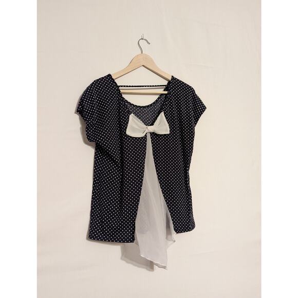 robins nest maternity navy blue white polka dots white sheer bow womens large - Picture 2 of 5